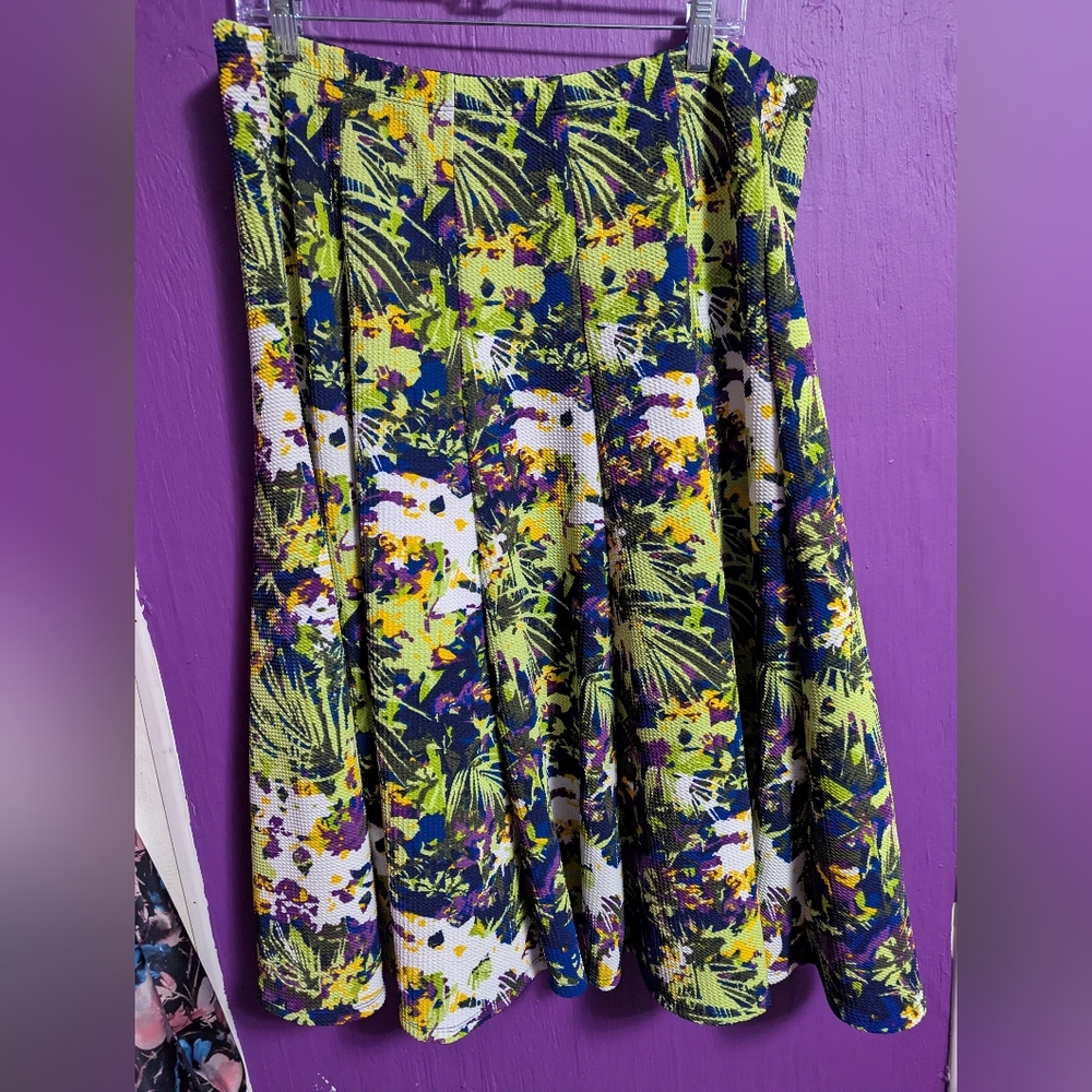 💜 Ashley Stewart Colorful Floral Textured Stretch Pleated Skater Skirt 2X 18 20